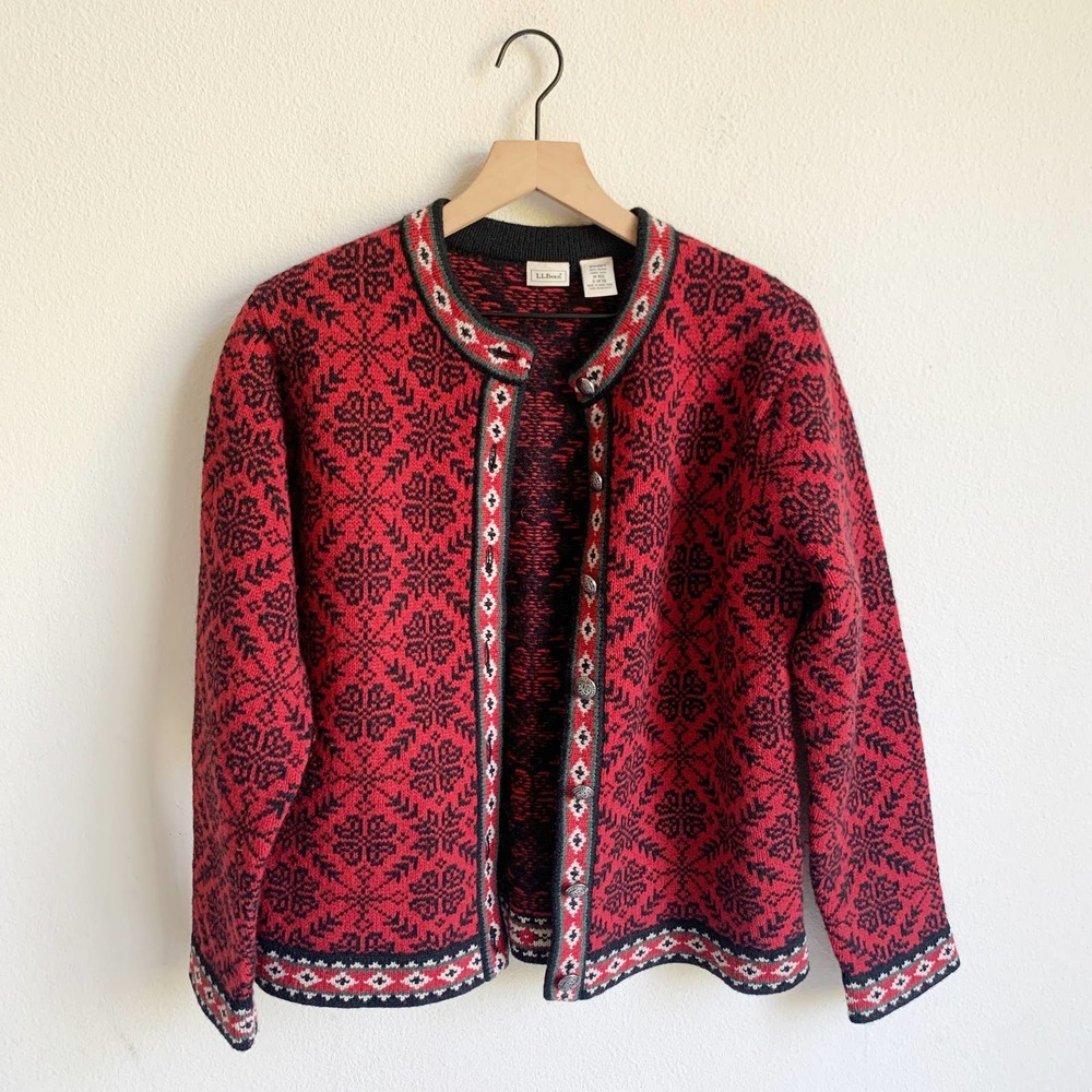 L.L. Bean Lambswool Red Nordic Cardigan Sweater